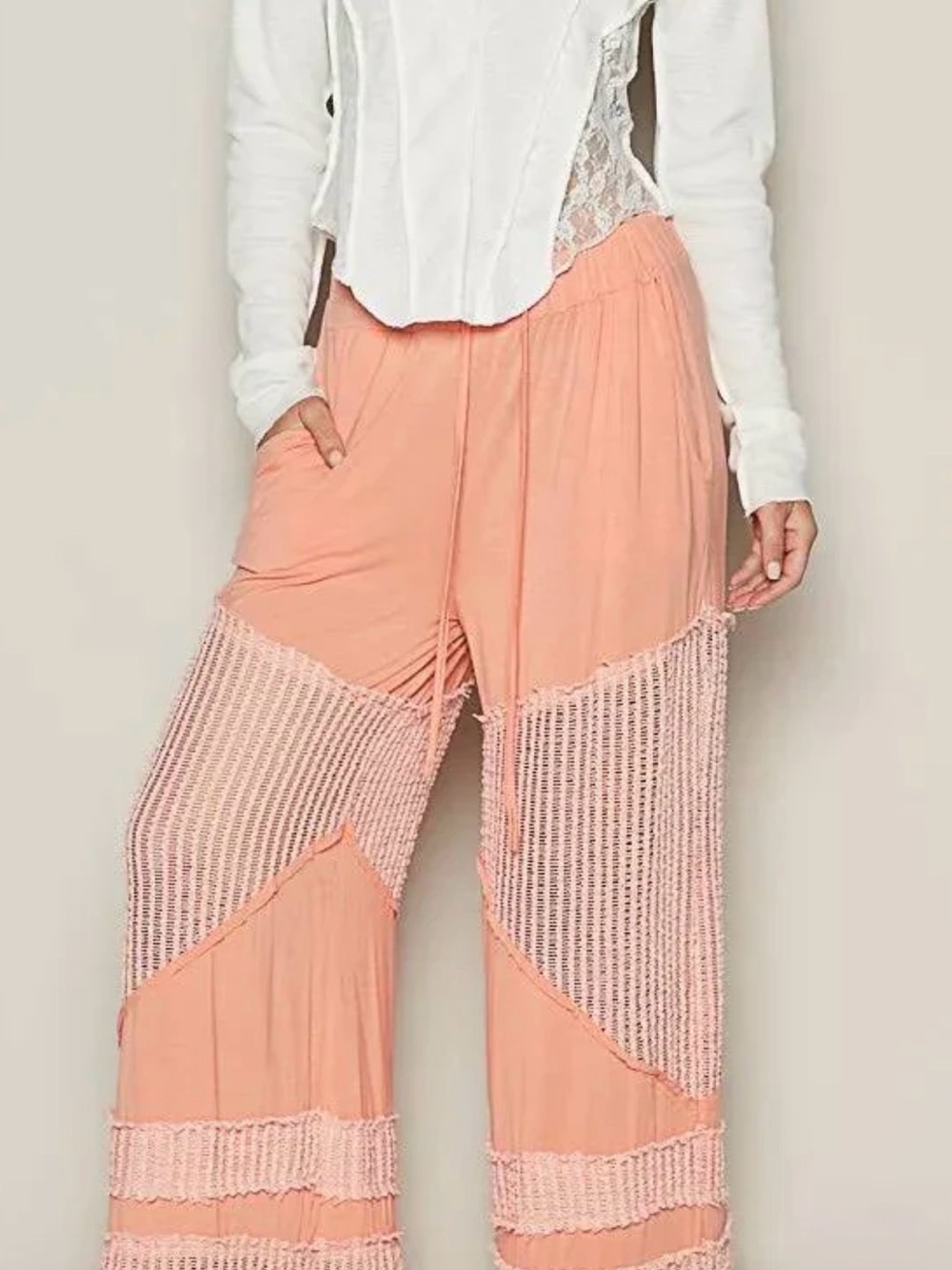 POL Peach Crochet-Panel Wide Leg Pants